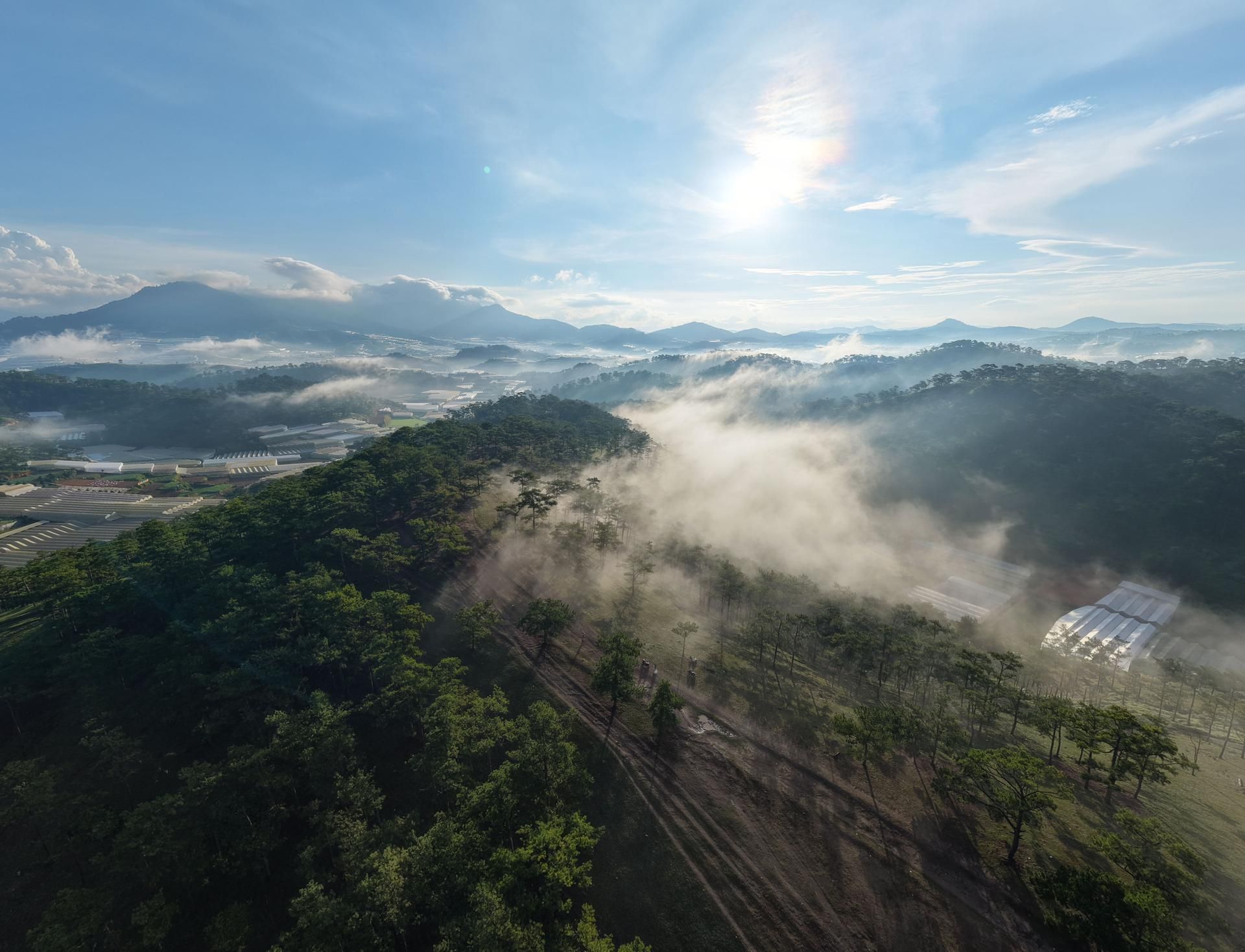 Misty Uganda highlands aerial view at sunrise