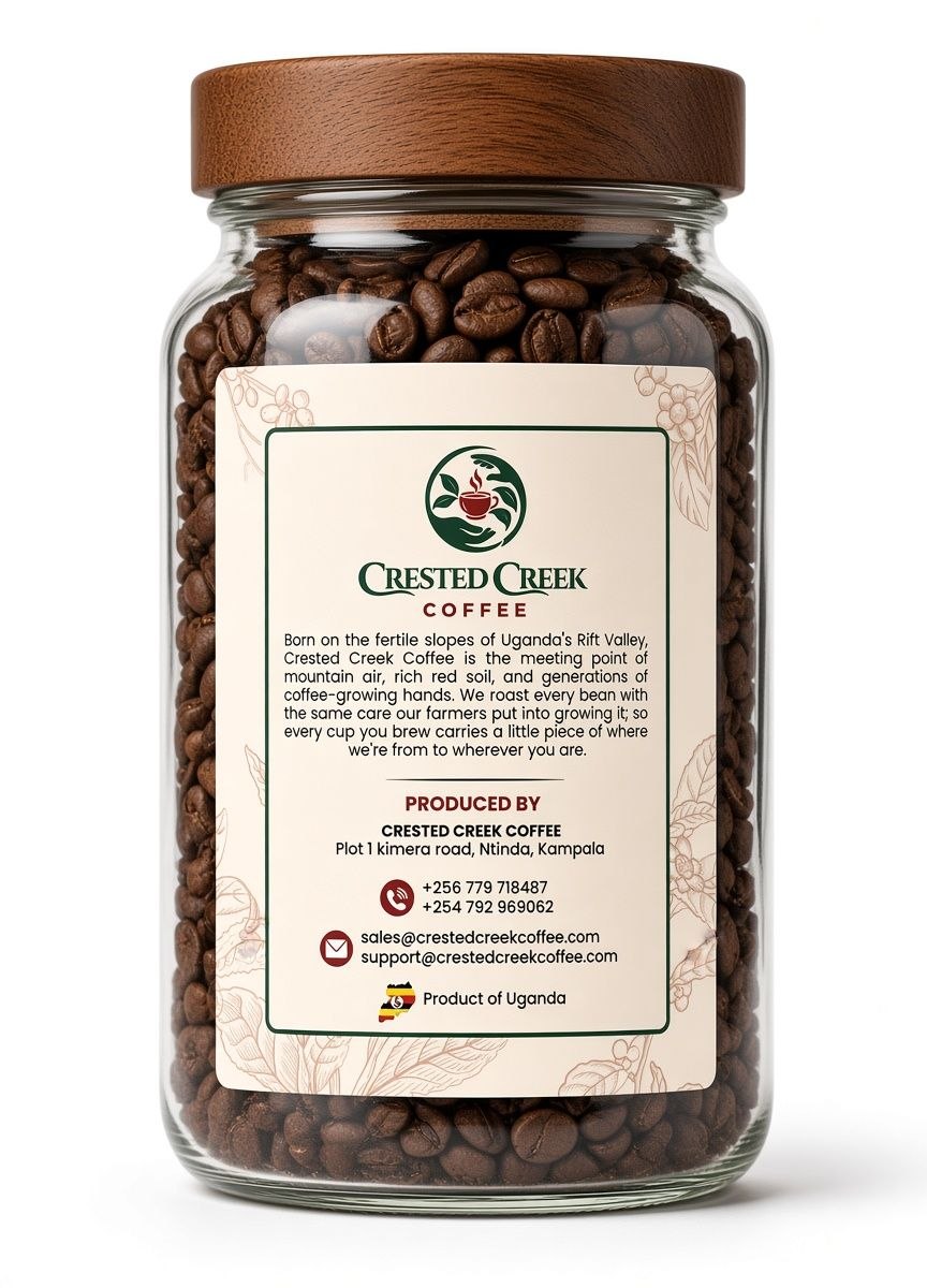Jar of Highland Arabica coffee beans, back label