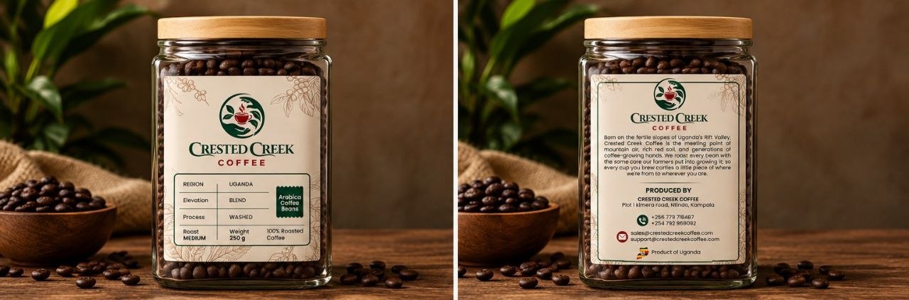 Jar of Mount Elgon Arabica Reserve coffee, front and back label