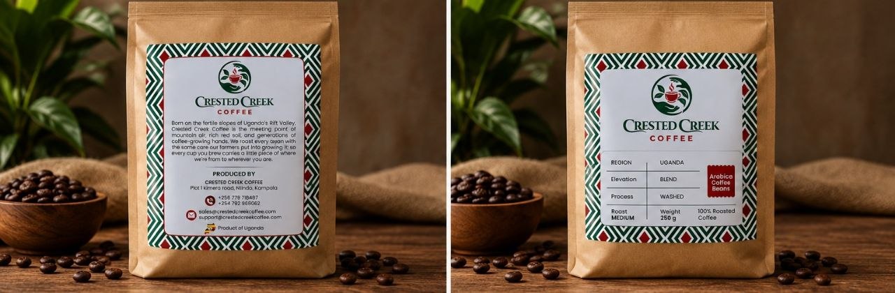 Bag of Rwenzori Mountains Arabica Reserve coffee, front and back label
